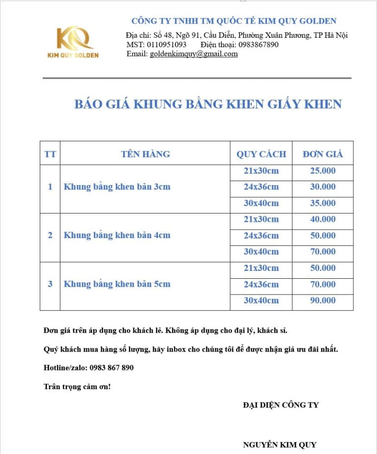 Báo giá khung bằng khen treo tường
